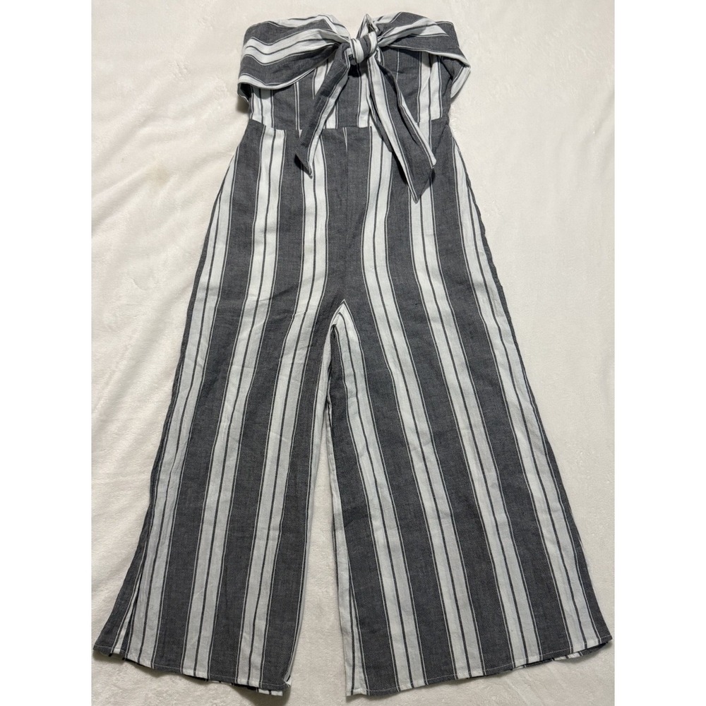 GB Strapless Jumpsuit Striped Wide Leg Tie Front Bust Gray White XS